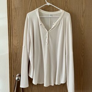 Old Navy Relaxed Cozy Waffle-Knit Henley Tunic Top - White Cream Long Sleeve
